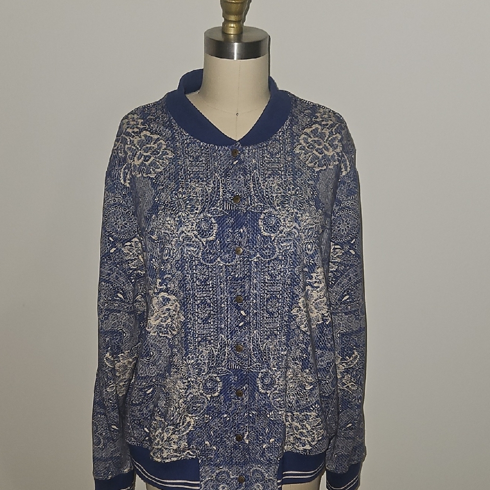 Johnny Was Blue and Cream Bomber Jacket